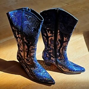 New Helen's Heart woman's size 9, blue sequined cowboy boot. 3" heel, 16" tall.